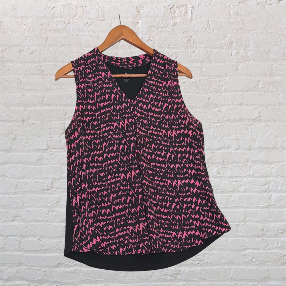 Worthington Petite PM Sleeveless Blouse Pink Black Abstract V-Neck Knit Back Top